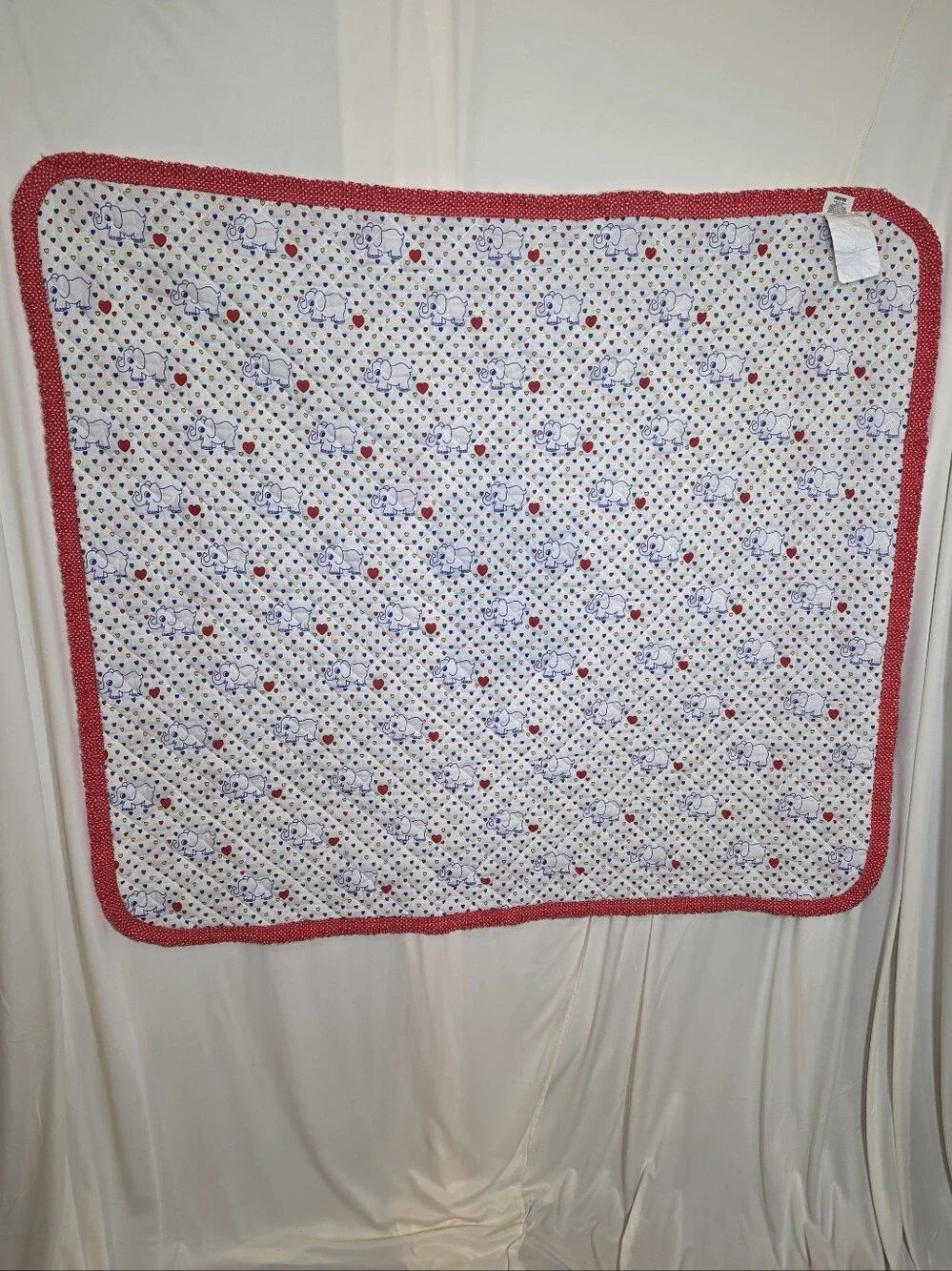Vtg 1980s Sears Red Calliope Baby Crib Quilt Blanket Blue Elephant Hearts Ruffle